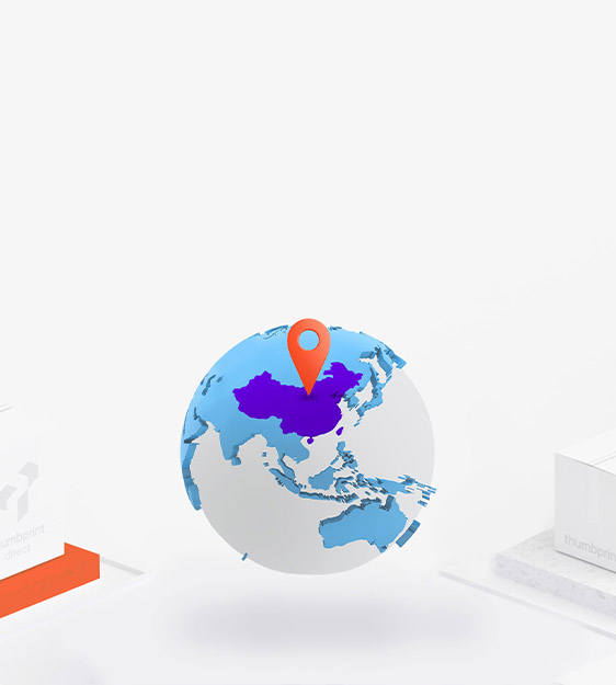 3D globe with blue continents, with China highlighted in purple, along with a red location marker over China, surrounded by other boxes which say Thumbprint Direct.