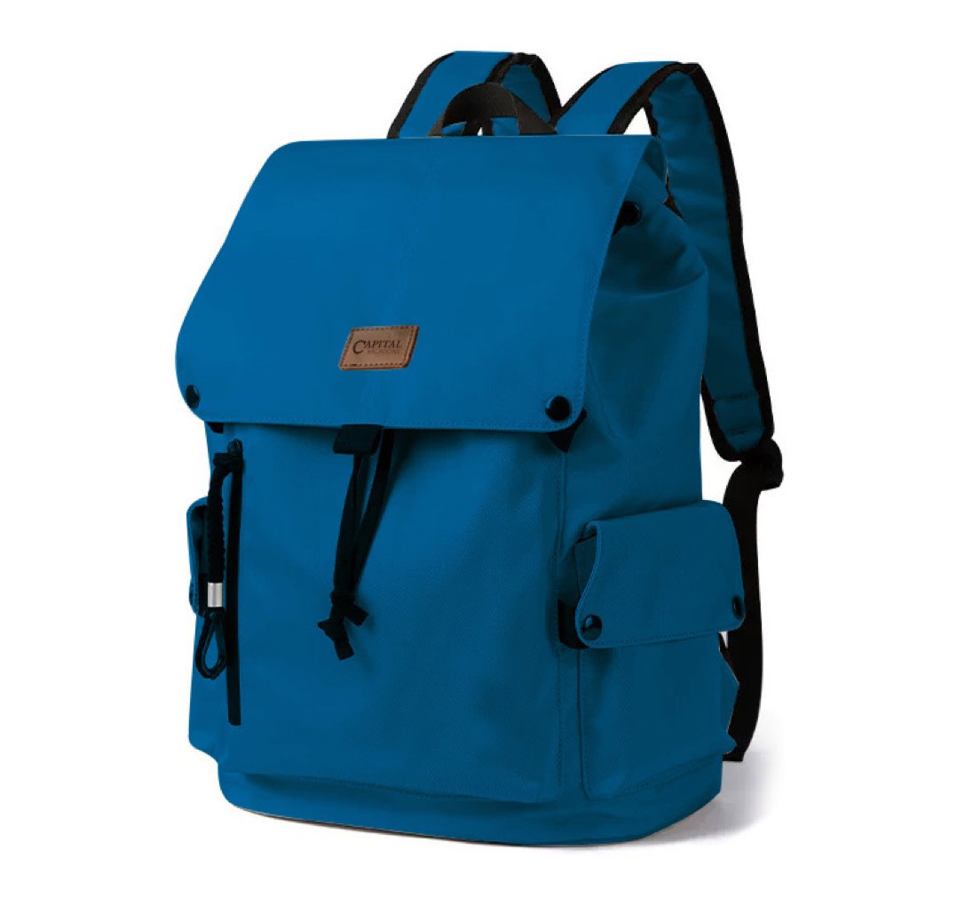 Blue backpack on white background.